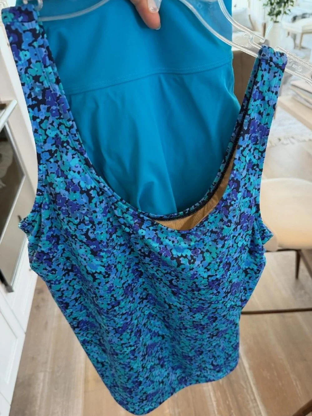 L.L.Bean 2 Piece Tankini Swimsuit w/ Shaping Swim Skirt Teal Blue Floral Size 14